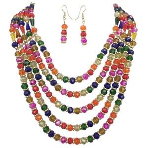 Rainbow Multicolor 5 Row Glass Necklace Earrings